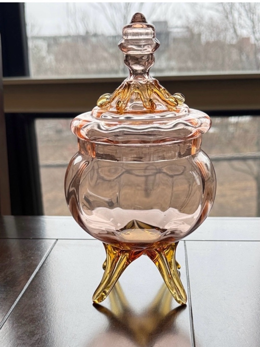 Blown Art Glass Pink & Amber Lidded Apothecary Jar – Sculptural Tentacle Finial